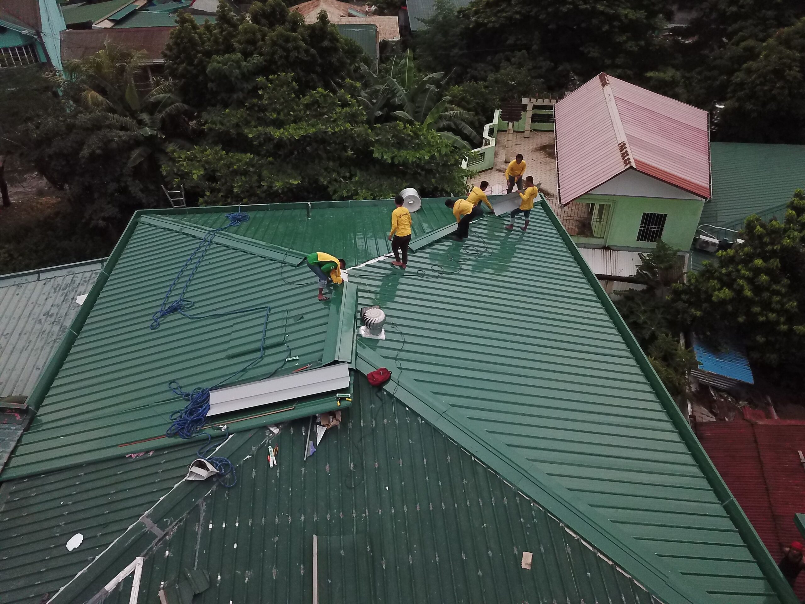 Aerial view of roofing work in progress